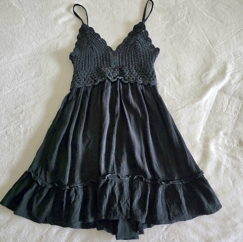 Black Babydoll Mini Dress W/Crochet Bodice Detail Size S